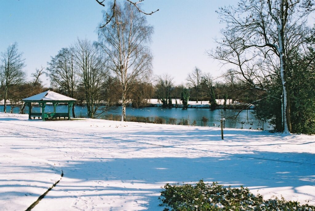 Snow at Valentines Park, view across the lake