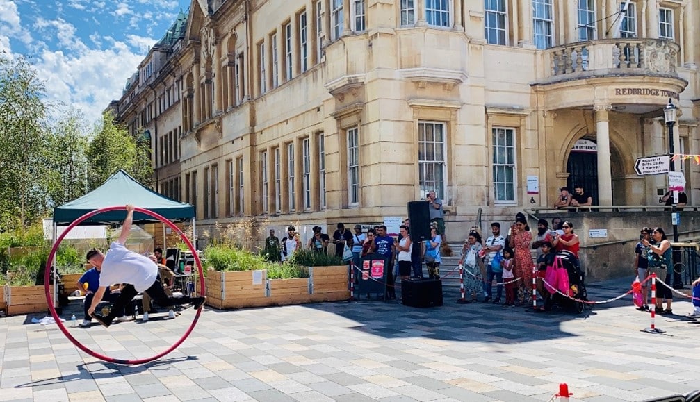 Redbridge Outdoor Arts performance outside Redbridge Town Hall