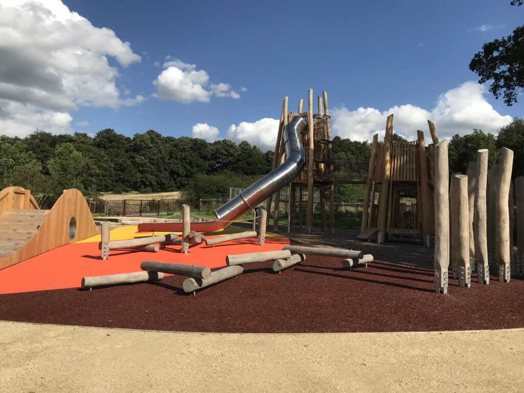 Hainault Forest Play Area, showing the slide, towers and play equipment