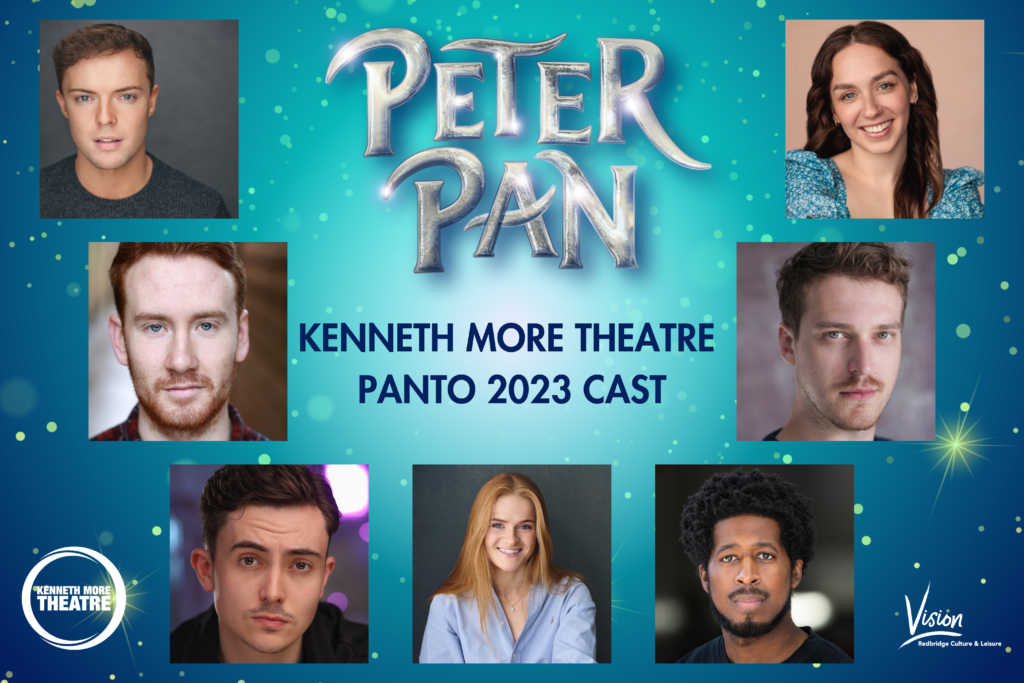 A blue background that gradients through teal into a bright, light blue in the centre. The top centre has the logo for the KMT panto 23, Peter Pan. Around the logo in a semicircle are nine images of the principle cast. The centre has text saying Kenneth More Theatre Panto 2023 cast