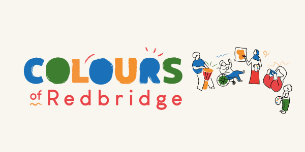 Text: Colours of Redbridge, in red, orange, blue and green text. With graphics drumming, dancing in a wheelchair, painting