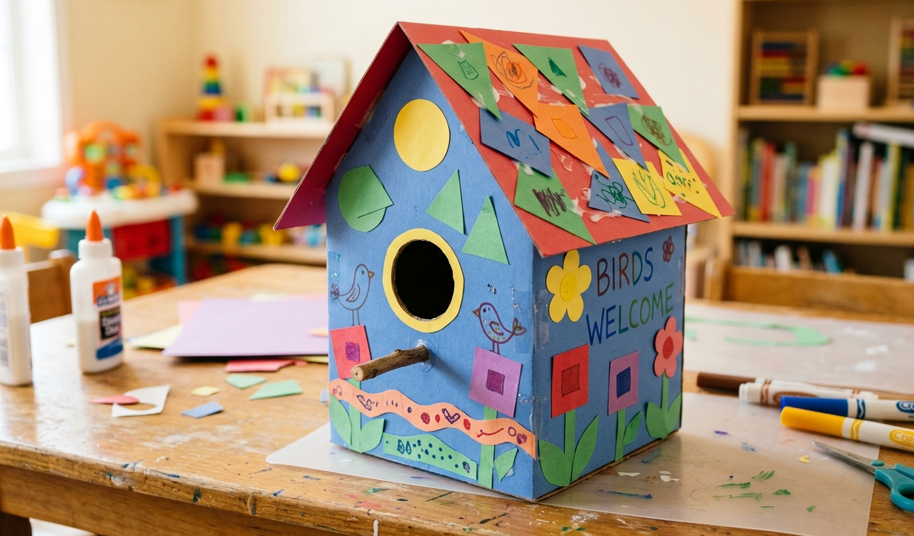 A colorful handmade toy birdhouse on a wooden table with craft supplies around it.