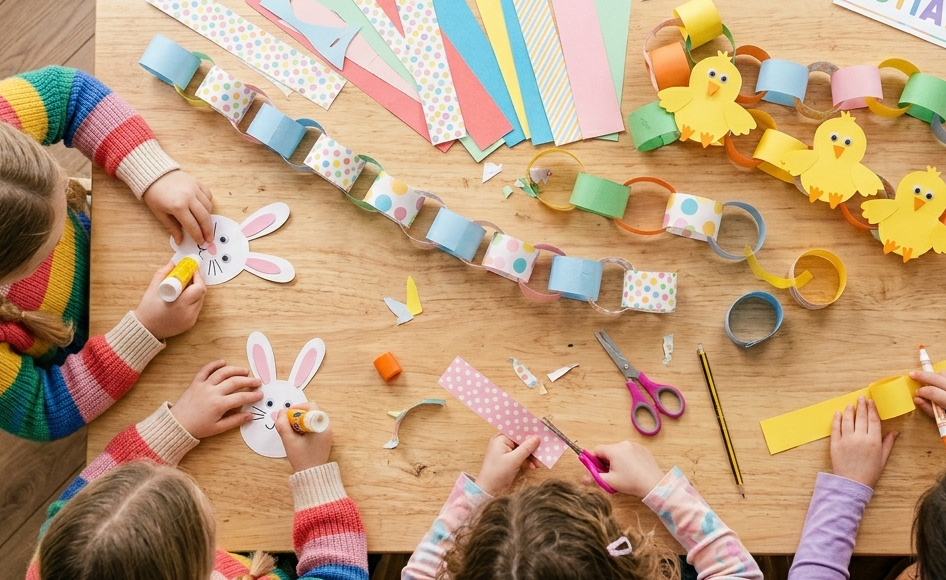 Top-down view of children's hands crafting Easter paper chains with paper bunnies and chicks on a wooden table.