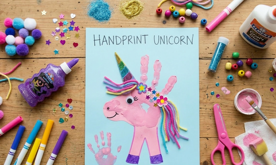 A top-down photograph of a colorful child's "Handprint Unicorn" craft on light blue paper. The unicorn is made from a pink handprint and features a glittery horn, googly eye, and yarn mane. It's surrounded by craft supplies on a wooden table, including markers, glitter glue, beads, and scissors.